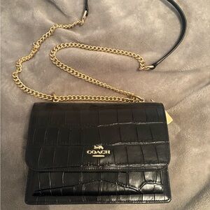SOLD Coach Black Croc-Embossed Crossbody Bag with Gold Chain
